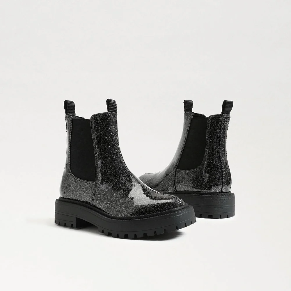 Sam Edelman Black Sparkle Patent Leather Laguna Chelsea Boots Gunmetal size 2